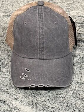 NEW Distressed Two-Tone Mesh 6 Panel Trucker Hat in Gray & Mesh Tan, Adj